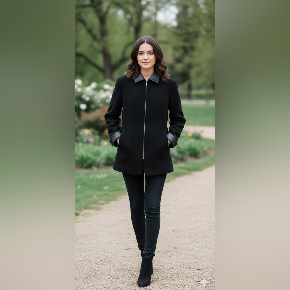 Braebrook 100% Wool Black Coat | Faux Leather Trim | Sz 10